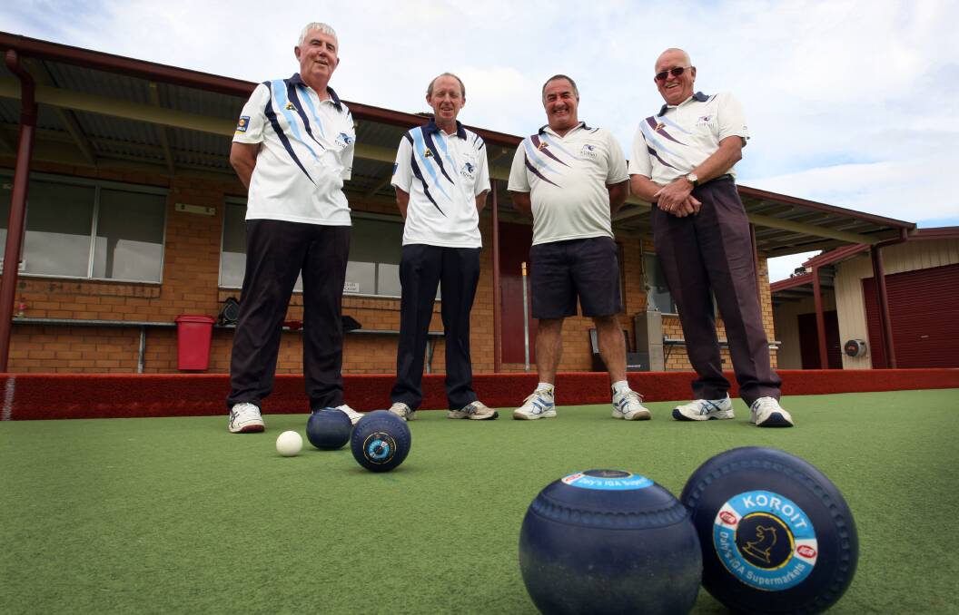 Koroit Blue skippers Jack Murnane (left), Shane Cashill, Brendan Keane and Barry Padgham are hoping to guide their team to an elusive Western District Bowls Division Saturday pennant division one premiership today. 