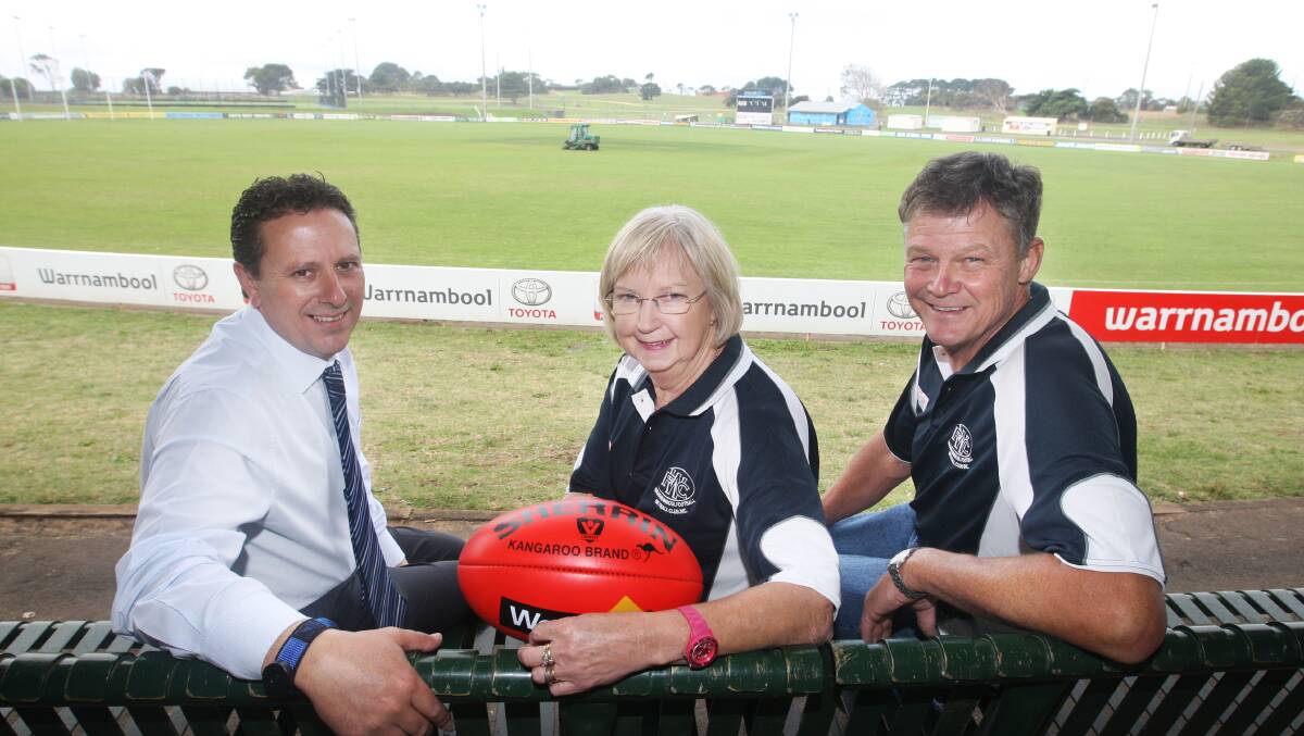 Warrnambool Football Club general manager Steve Demartin (left), board member Lois McKenzie and president Garry McLeod have jumped on board the Peter’s Project cause.  