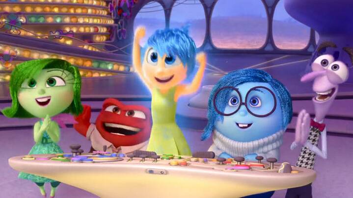 (l-r) Disgust, Anger, Joy, Sadness and Fear at work in the control room of Riley's mind in Inside Out.