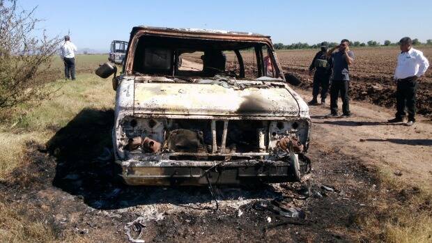 Mexican authorities inspect a burnt-out van registered to missing Australian surfer Adam Coleman