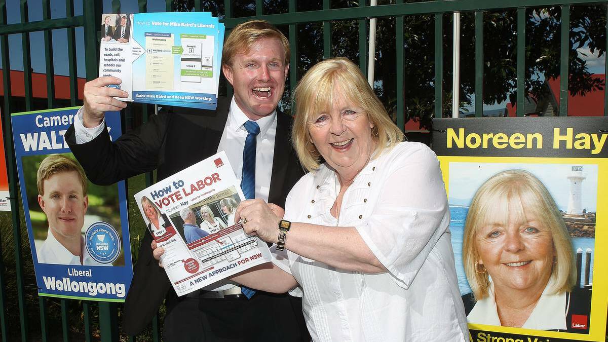 Liberal candidate Cameron Walters and Wollongong MP Noreen Hay at Berkeley Public School. Picture: GREG TOTMAN