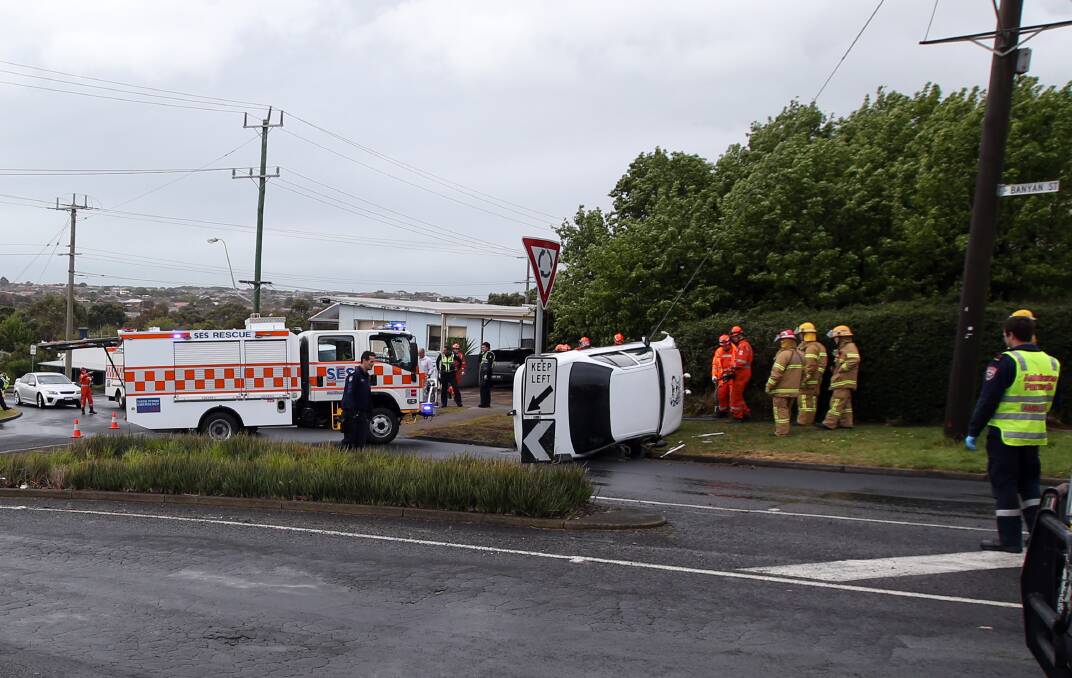 No one was injured in this single car crash at the Mortlake Road roundabout on Tuesday afternoon. Picture: DAMIAN WHTE