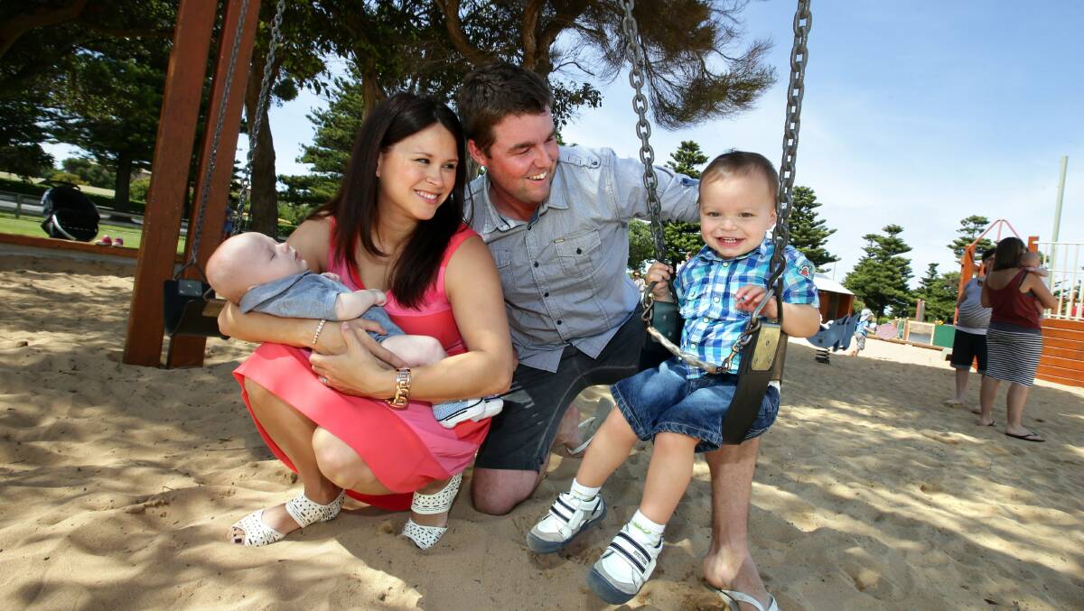 Marc Leishman with wife Audrey and sons Oliver and Harvey at home in Warrnambool in 2013. 131127DW02 Picture: DAMIAN WHITE
