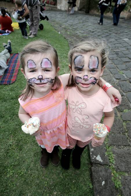 Sibella Lenehan, 3, from Ocean Grove (left), and Addison Conheady 4 from Bushfield wnjoy the fesitvities at Flagstaff Hill. Picture: AARON SAWALL 