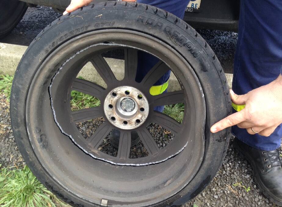 Desiree Taljaard's wheel rim was cracked right around the middle after she hit a pothole on the Cobden-Warrnambool Road on Friday morning. 