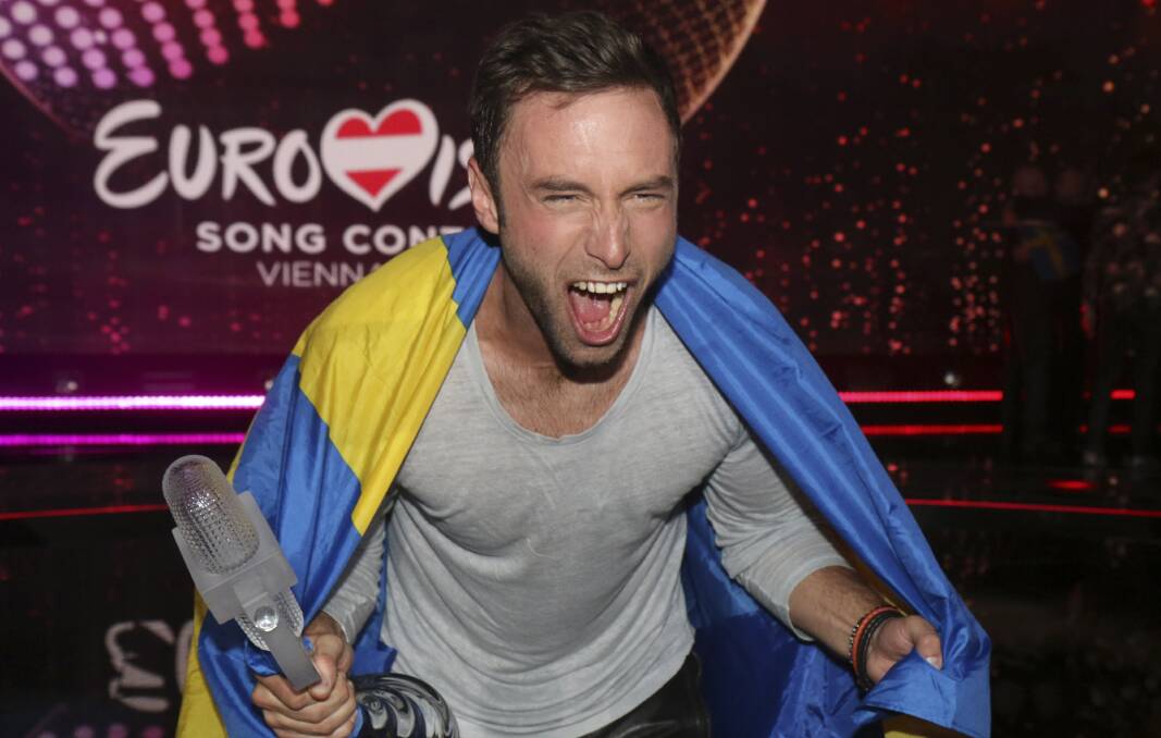 Eurovision winner Mans Zelmerlow representing Sweden celebrates after winning the final in Austria's capital Vienna. Photo: AP 
