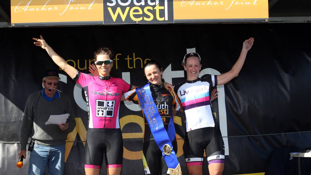 Womens A Grade podium (from left) second place Bridie O'Donnell winner Justyna Lubkowski and third Nicole Whitburn. Picture: DAMIAN WHITE 