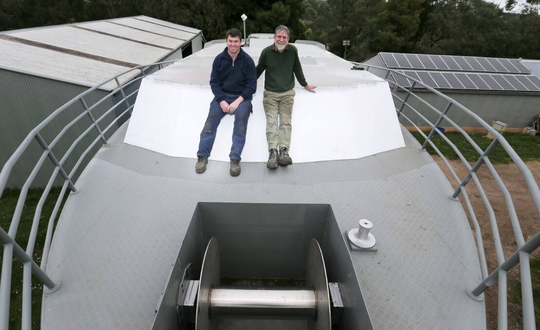 Timboon boat builders Will (left) and Barry Pender on the deck of the 18.3-metre aluminium mono-hull boat “Southern Explorer” that Barry designed and they both constructed. 140819RG16 Picture: ROB GUNSTONE 