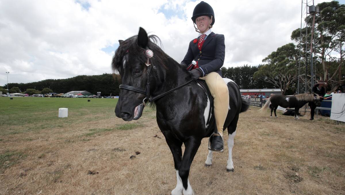 Harriet Place, 13 of Camperdown, rides Chatue Gay Gretal, ahead of the Ridden Pinto competition at the Heytsbury Show. 