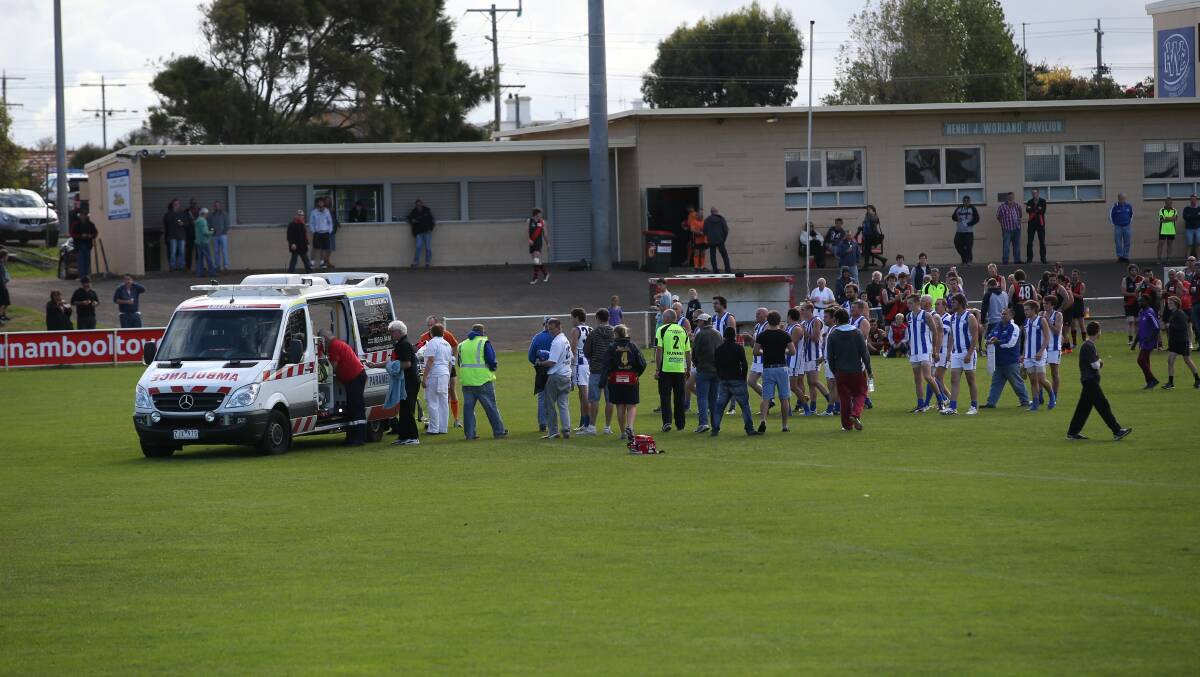 An ambulance was called to the Reid Oval after a Russells Creek player broke his leg late in the third term of the reserves match with East Warrnambool. Play was abandoned. 