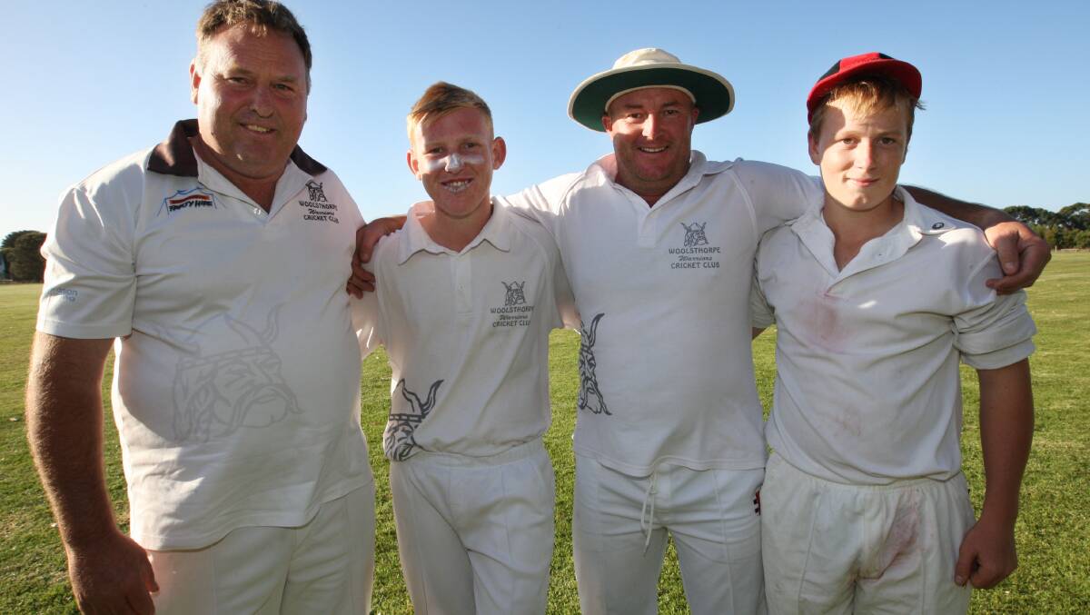 Father and sons who played in the winning Woolsthorpe team. Pictured from Left are David Bell, Bradley Bell, Ray Fedley and Brent Fedley. 150322LP92 