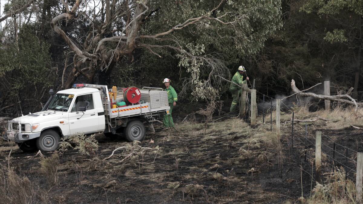 Department of Environment and Primary Industries firefighters black out areas of the Mount Clay bushfire yesterday. Pictures: ROB GUNSTONE