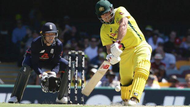 Form batsman: Aaron Finch attacks the English bowling, but his departure left Australia idling in the final overs. Photo: AP