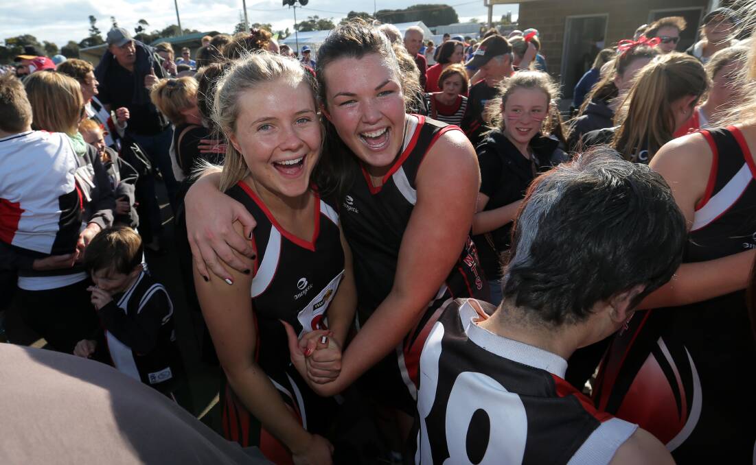 Koroit goal shooters Tegan Lang (left) and Rachel Dobson shared court time and celebrations. 140920RG86 Pictures: ROB GUNSTONE