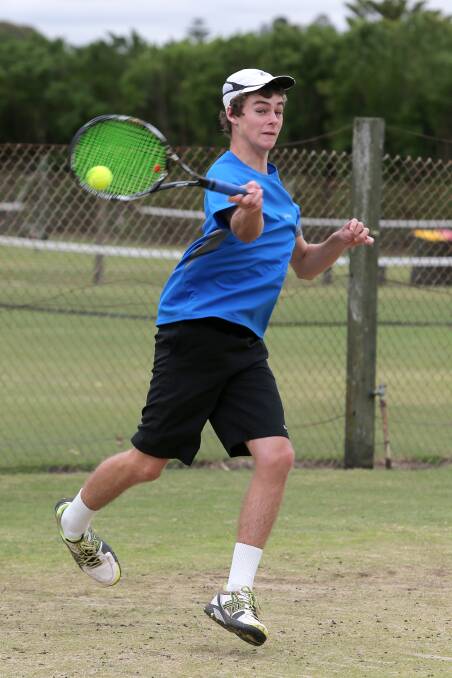 Thomas Champness launches a forehand for Dwyer Robinson in the final. 150328RG34 Picture: ROB GUNSTONE