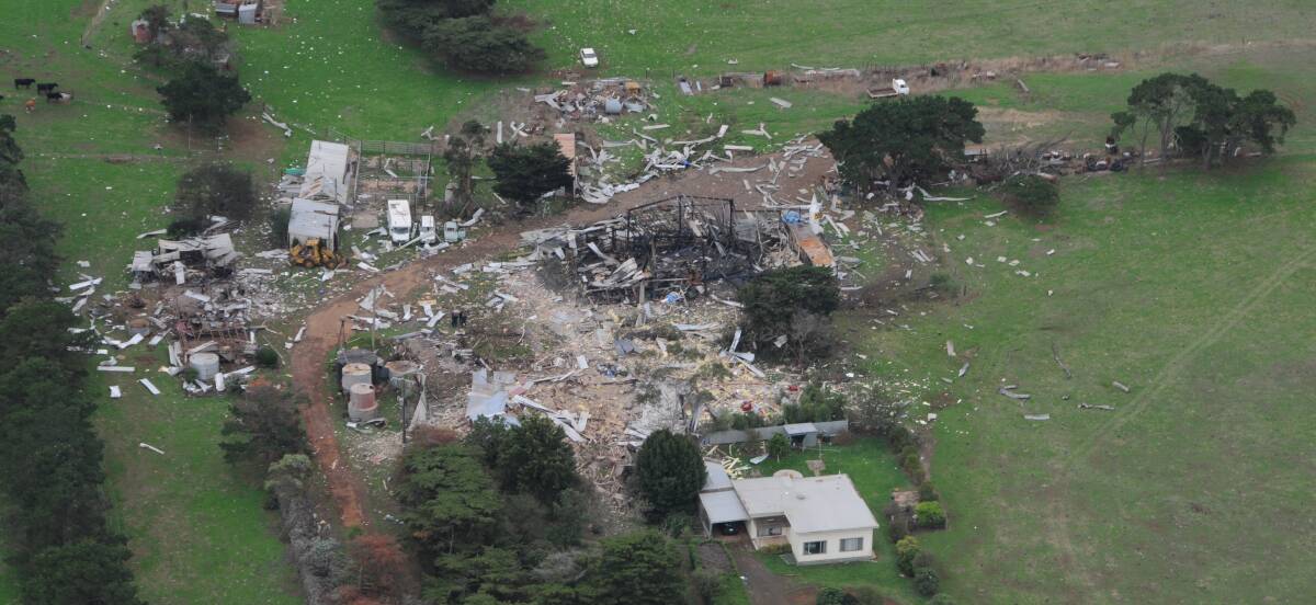 A Victoria Police aerial photograph shows the extent of devastation caused by the April 11 blast. An ongoing three-week search of the farm has uncovered home-made explosives and weapons. The nearby Hamilton Highway remains closed to through traffic as the clean-up operation continues.