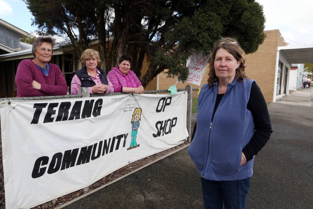 Terang Community Op Shop volunteers (from left) Andrea Balcombe, Christina Eldridge, Judy Twaddle and  Hannah Robbins say a possible $3000 annual rent bill will hurt community groups. 140918LP07 Picture: LEANNE PICKETT