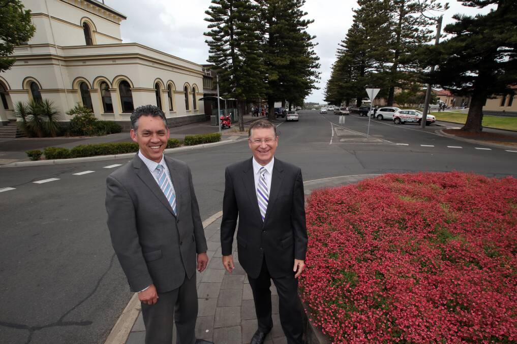 Victorian Premier Denis Napthine (right) with Warrnambool mayor Michael Neoh announcing the upgrade of Gilles Street earlier this month. 141114DW32 Picture: DAMIAN WHITE