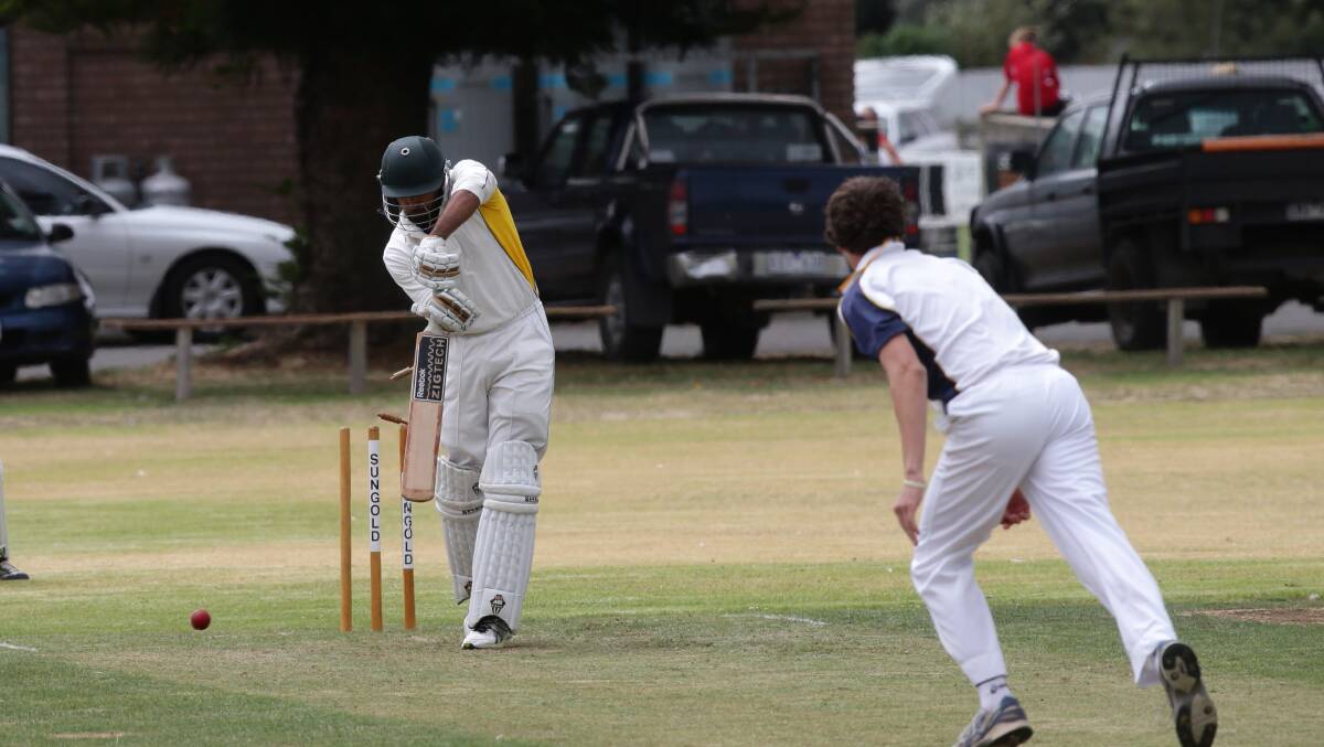 Woodford bowler Tyler Fowler claims the wicket of Merrivale’s Zashan Arshad in their match at Koroit’s Jack Keane Oval on Saturday.