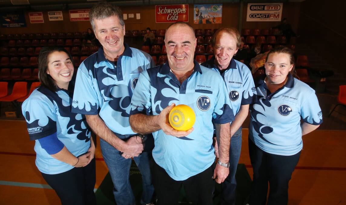 Brendan Keane (front) is one of five Koroit bowlers who will represent Victoria in the national indoor bowls titles in South Australia, with Jacinta Marney (left), Shane Cashill, Brian Lenehan and Nicole Collins. 140811AS20 Picture: AARON SAWALL