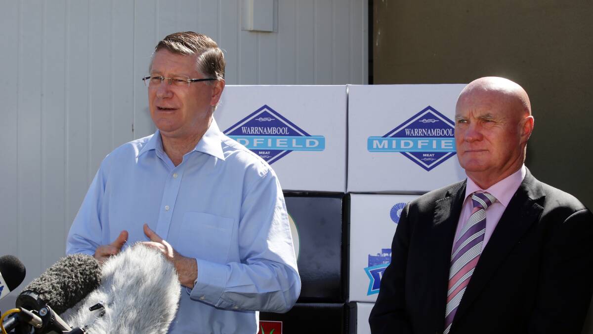 Warrnambool Midfield Group managing director Colin McKenna (right) and Premier Denis Napthine at Sunday’s announcement. 