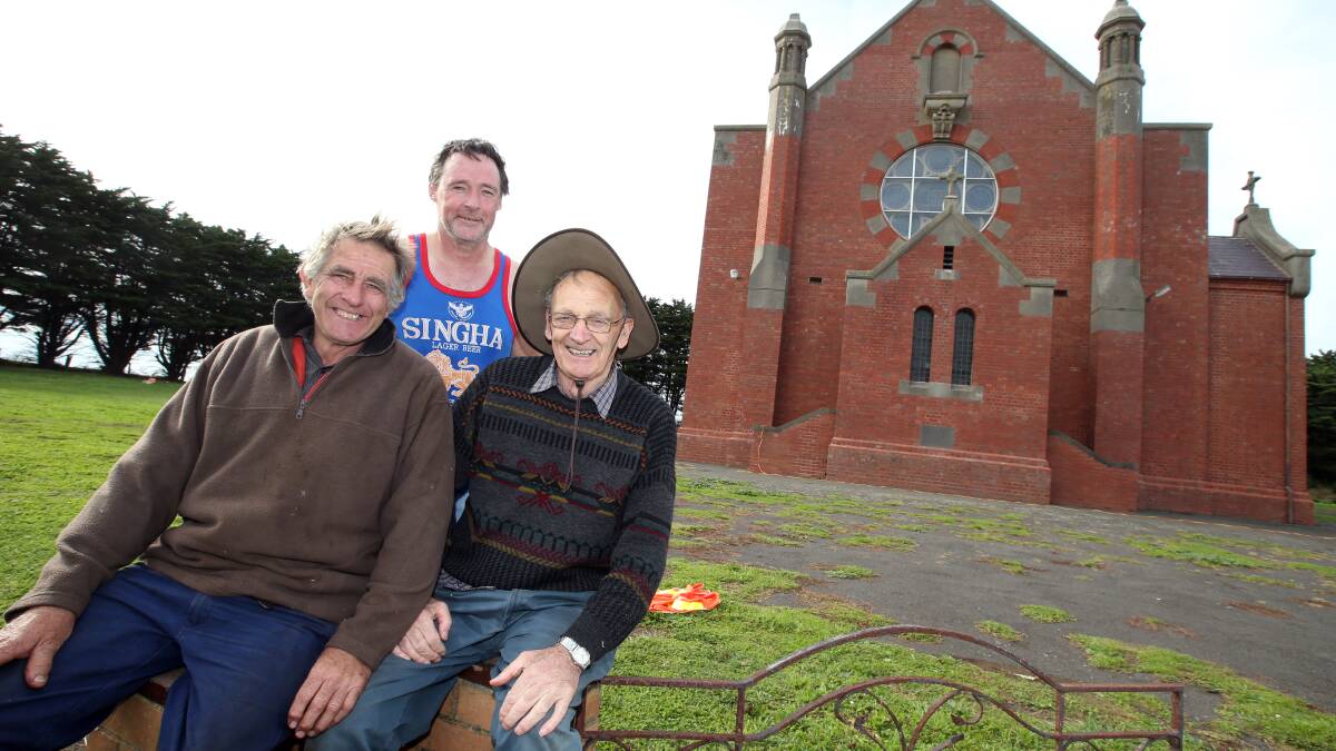 Crossley trio (from left) Bill Dwyer, a student at St Brigid’s in the 1950s, Patrick Bushell, also a student until the school closed in 1971, and Mick Lane, who attended until 1953, are helping prepare for the church’s centenary. 