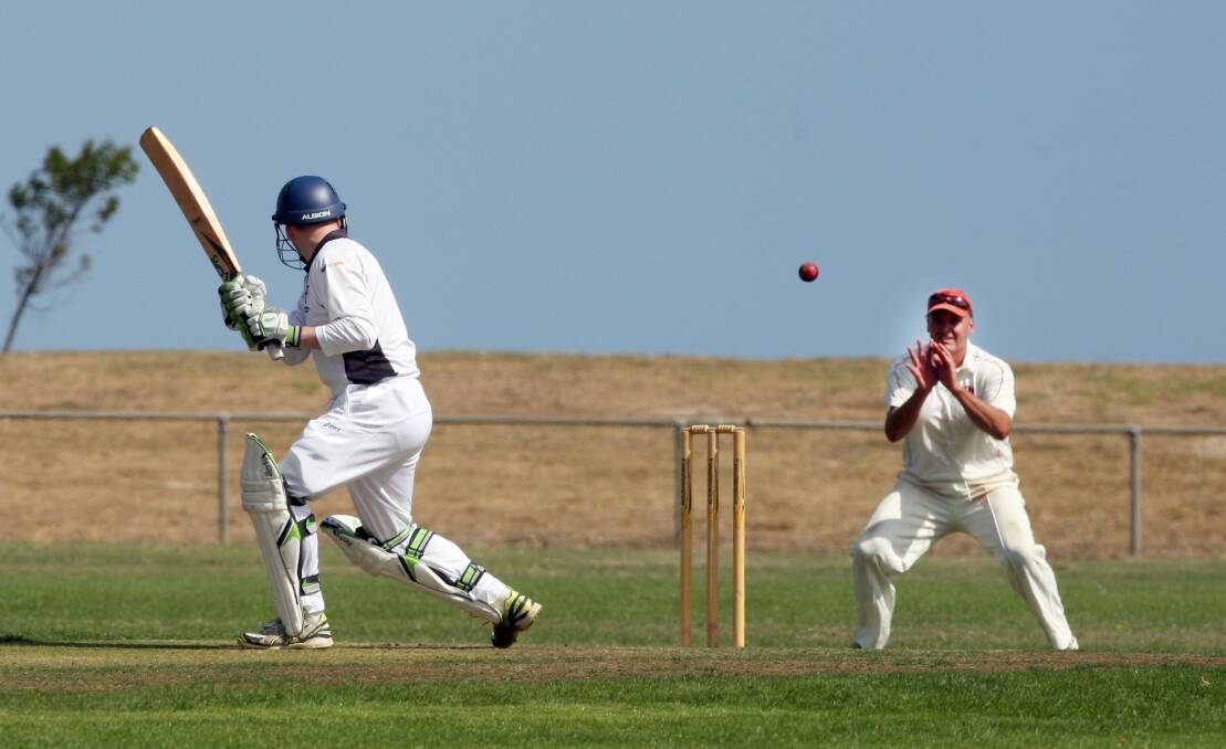 West Warrnambool’s Leigh Johnson can only watch as he edges the ball to Dennington’s Mick Rantall at second slip. 