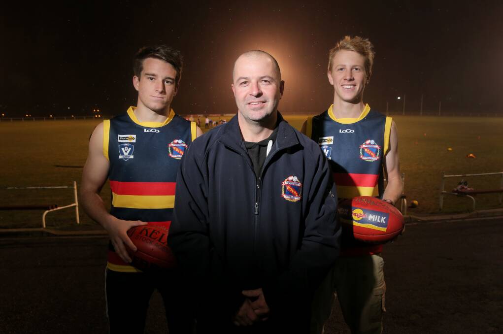 Warrnambool and District Football Netball League under 18 interleague leaders Justin Fedley, 18 (left), who is captain, coach Cameron Ross and vice-captain Alex Pulling, 17. 150521RG21 Picture: ROB GUNSTONE
