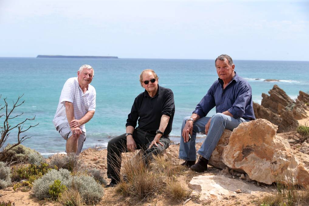  Bernie O’Keefe (left), Peter Coster and Robert Whitehead recall the fateful diving trip to Lady Julia Percy Island.141122DW76 Picture: DAMIAN WHITE