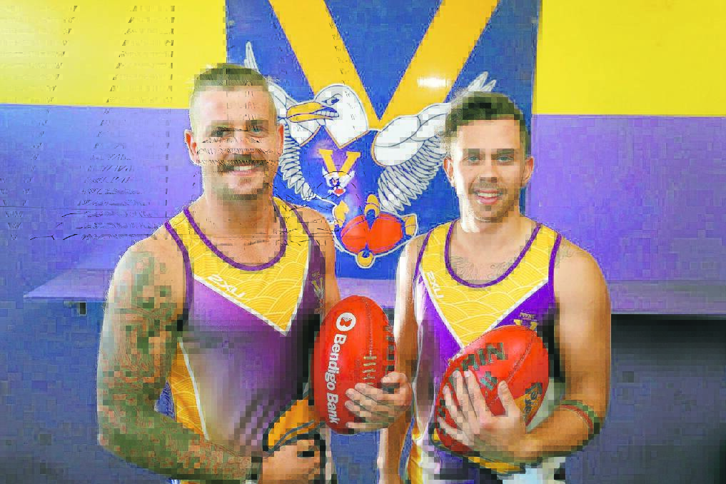 Coburg midfielders Guy Phelps (left) and Tyrone Bean check out their new football home at Gardens Oval after signing with Port Fairy. 141212RG42 Picture: ROB GUNSTONE