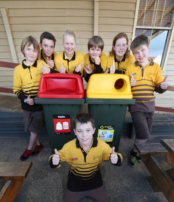 Warrnambool Primary School sustainability captains and vice-captains (back from left) Jude Forth-Bligh, 12, Kaleb Hutchinson, 11, Isabella Madsen, 12, Alexander Peach, 12, Jasper Harris, 11, Auston Edwards, 11, and (front) Neil Phipps, 11.