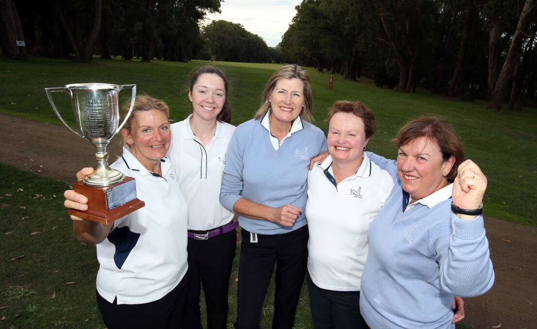 Port Fairy players (from left) Vicki Johnstone, Jo Flaherty, Diana Robinson,  Anne Dwyer and Sue Holcombe celebrate their win.