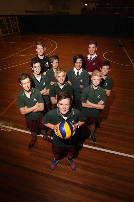 Brauer College’s year 7 volleyball team support crew Cameron Pyke (back left) and Jeremy Bolden with players Cody Russell (third row, left), Harley Stuchbury, Horizon Moore, Dylan Chapman,  Beau Dignan (second row, left), Daniel Nevill, Will Timms and Liam Burgess (front).  141125AS03 Picture: AARON SAWALL