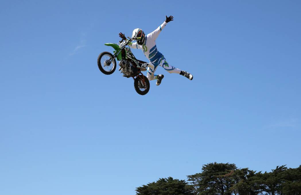 Stunt rider Nathan Whitten parts company with his bike during a performance by the Whip Industries motorbike team, whose daily shows have been a highlight of the Sungold Field Days at Allansford. 150212RG44 Picture: ROB GUNSTONE