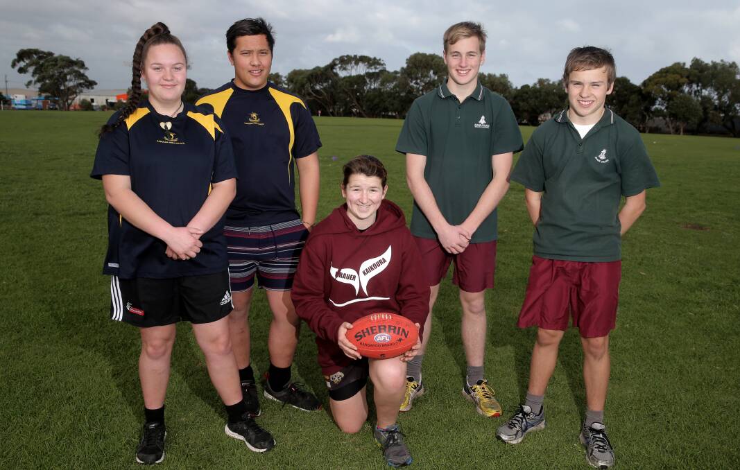 Kaikoura High School students (from left) Samantha Richardson, 16, Wiremu Solomon, 15, and Sinead Ford, 17, with Brauer College students Jackson Creed, 14, and Matt Schnerring, 14, during the annual exchange between the two schools. 140626RG25 Picture: ROB GUNSTONE