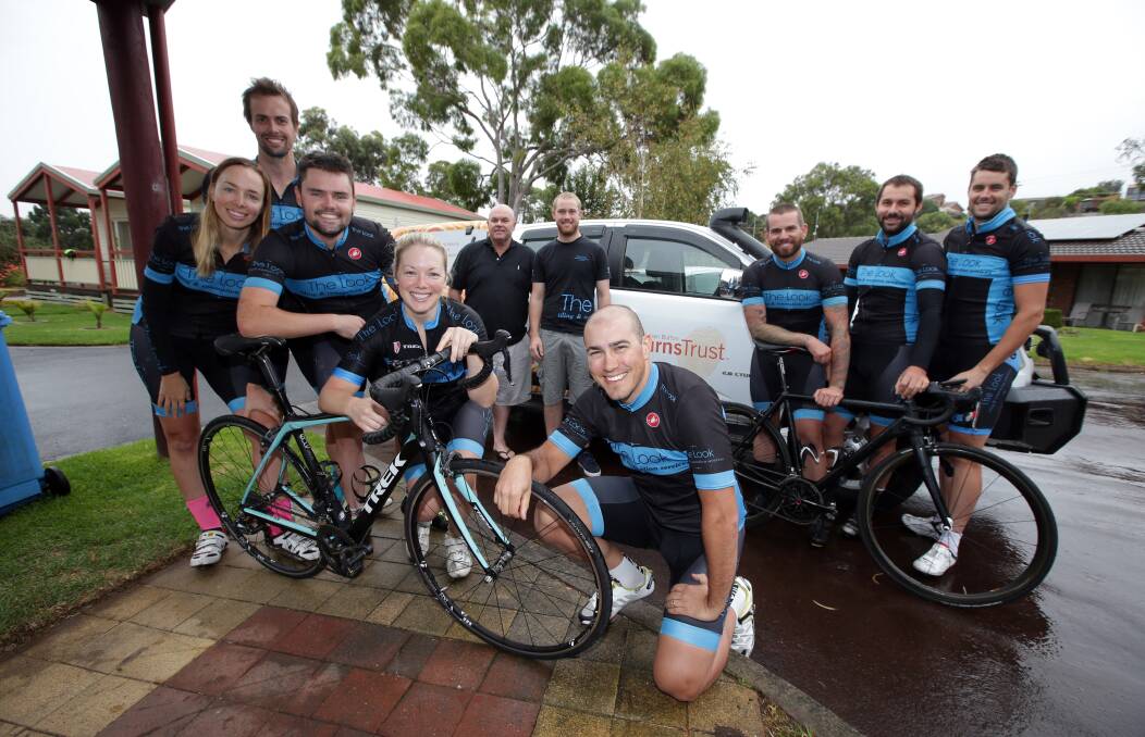 Riders and support staff Megan Davis (from left), Pete Davis, Nathan Ross, Jess Miller, Mick Ross and James Wilkinson, Joe Mariano, Adam Binetti, Sam Szalbot, Ken Ross stop off in the city after riding from Adelaide on their 1000-kilometre trek to Melbourne. 