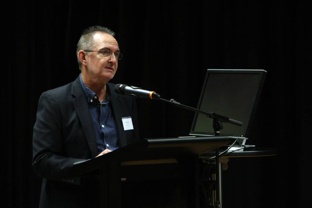 Geoff Soma addresses yesterday's conference. 150424LP01 Picture: LEANNE PICKETT