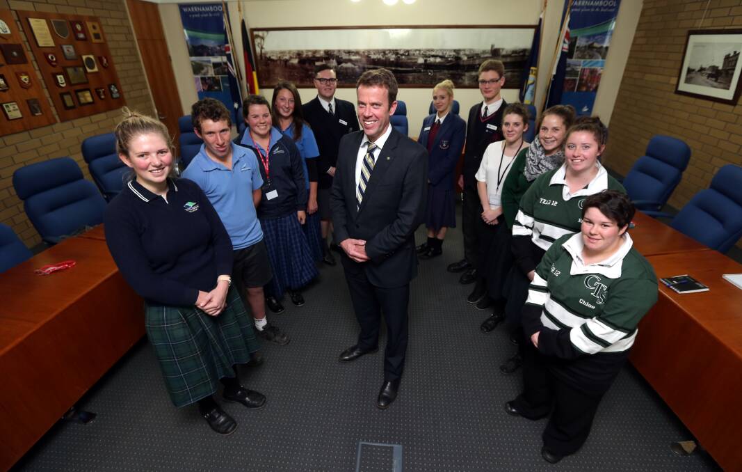 Wannon MP Dan Tehan meets the South West Youth Executive Team at Warrnambool’s Civic Centre. The students, all members of youth councils from the five south-west local government areas, are (from left) Mollie Keast, Sandy Vaughan, Ebony Latty, Chloe Shrive, Declan Primmer, Sarah Schietroma, Liam Savers, Emily Rose, Jazzie Negrello, Emily Hocking and Chloe Healey. 
150518DW35 Picture: DAMIAN WHITE
