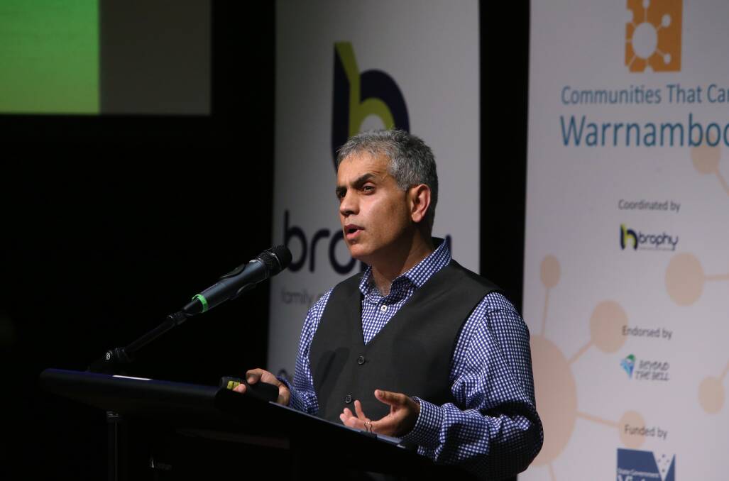 Guest speaker Dr Bosco Rowland addresses the Communities That Care Warrnambool public forum at the Lighthouse Theatre.  150225AS51 Picture: AARON SAWALL