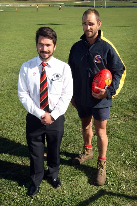 New WDFNL interleague joint-coach Darcy Lewis (right) with Steve Levett, sales manager with the league’s major sponsor, Callaghan Motors. 
Pictures: LEANNE PICKETT, AARON SAWALL