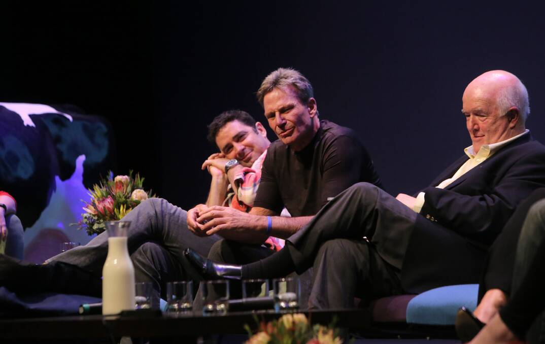 AFL identities Garry Lyon (left), Sam Newman and beyondblue ambassador Peter McCall revealed their serious sides last night for the Farmers Night Off at The Lighthouse Theatre.                               140902AS21 Picture: AARON SAWALL