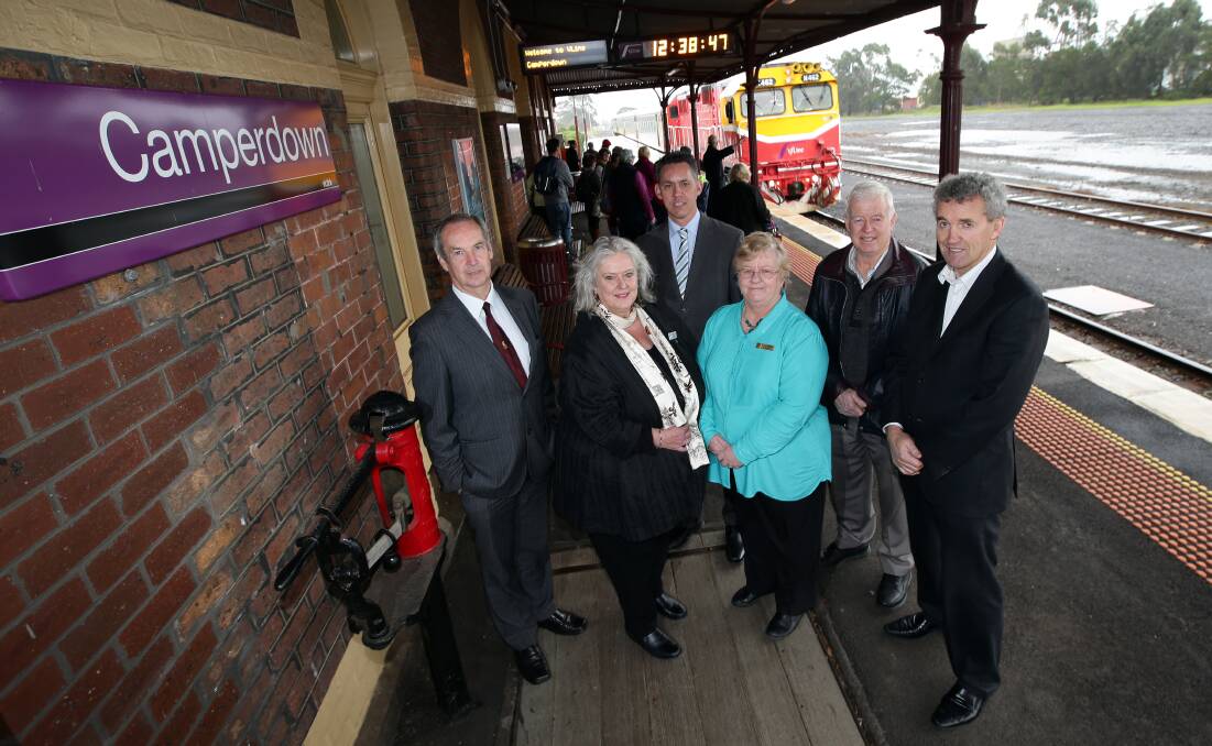 South-west mayors, James Purcell (left, Moyne Shire), 
Rose Hodge (Surf Coast Shire), Michael Neoh (Warrnambool City), Lyn Russell (Colac Otway Shire), John Northcott (Glenelg Shire) and Chris O’Connor (Corangamite Shire) at yesterday’s better rail campaign launch at the Camperdown station.
140731DW03 Picture: DAMIAN WHITE