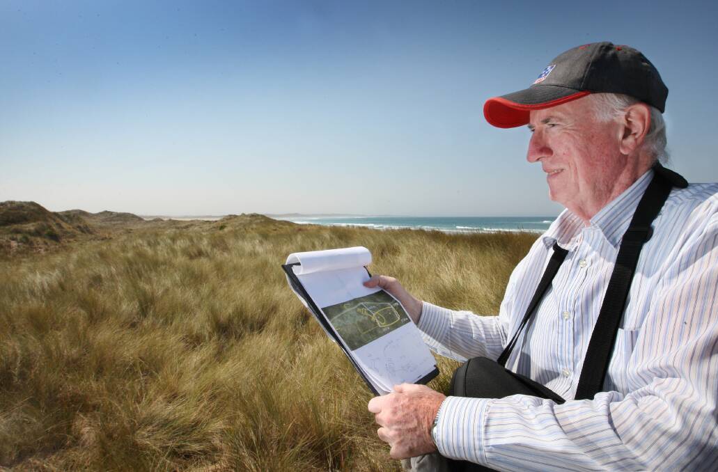 Mahogany Ship hunter Rob Simpson in dunes east of Warrnambool, where he believes the remains of at least one historic ship lay buried.  