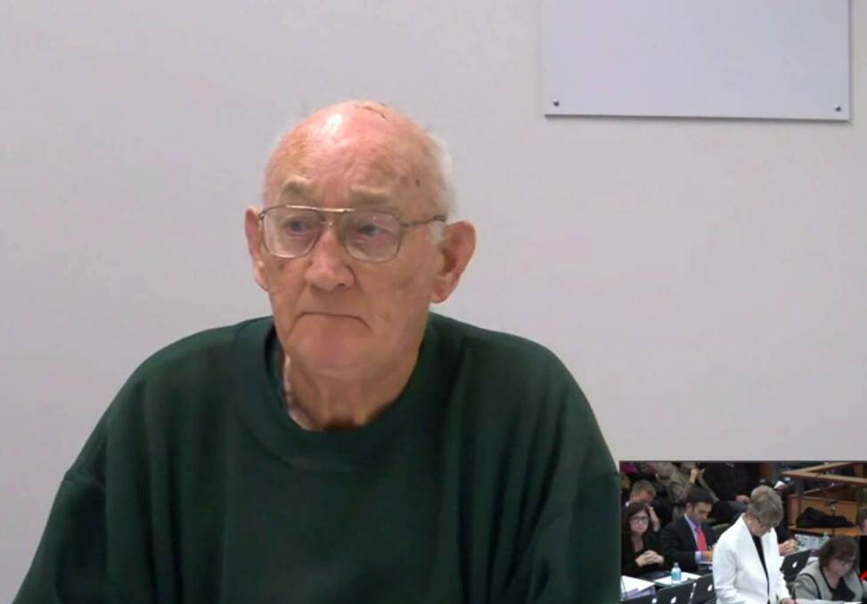 Gerald Ridsdale answers questions to the hearing in Ballarat via a video link from prison. 