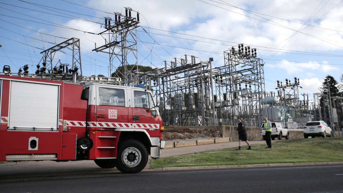 Work crews respond to yesterday’s power outage caused by a crow at the main Warrnambool substation. 