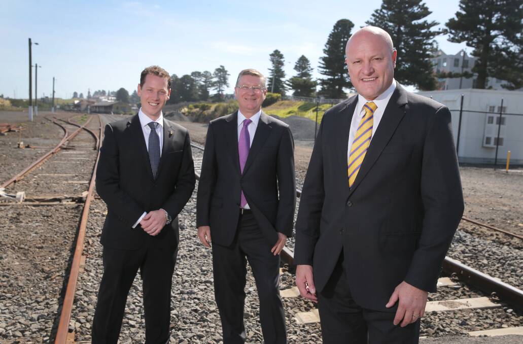 Member for Western Victoria Josh Morris (left), South-West Coast MP Denis Napthine and opposition spokesman for ports and public transport David Hodgett have called for an extra train service to be run on the Melbourne to Warrnambool line. 150331RG03 Picture: ROB GUNSTONE
