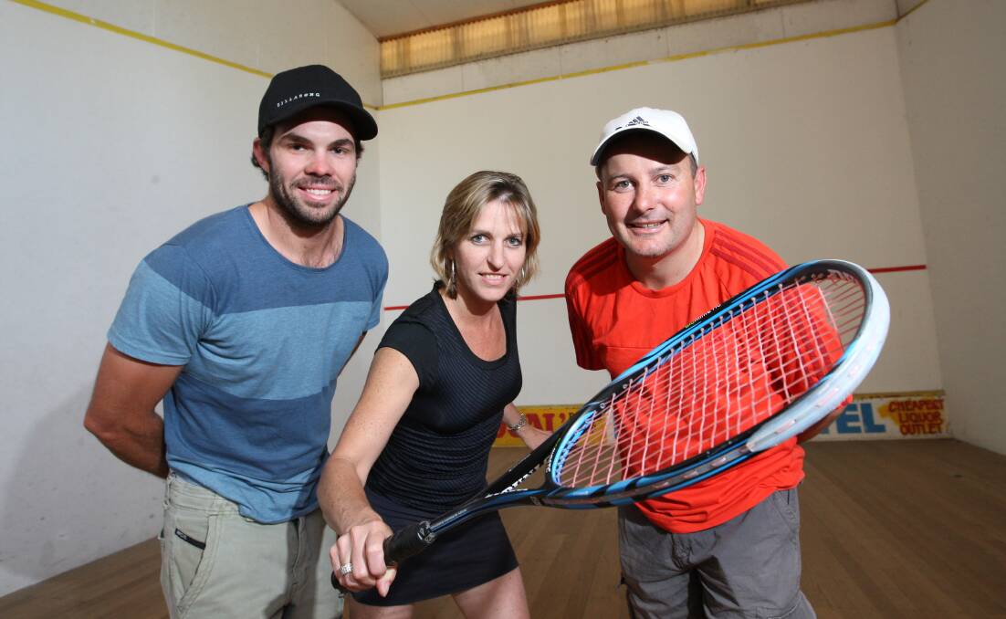 Warrnambool Squash Club’s Shaun Stapleton (left) and Jason Bilson, with former world champion Sarah Fitz-Gerald, hope the old courts will provide a temporary base for the club.  