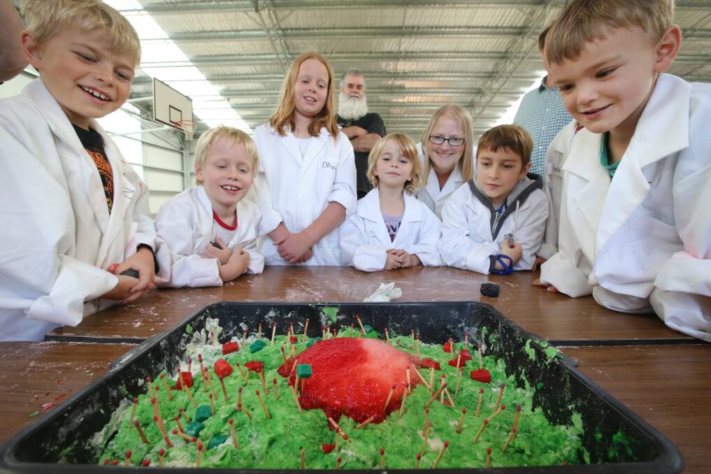 Children watch as “lava” oozes from a pretend volcano during a workshop at the Penshurst Primary School on the weekend. 150301AS23 Picture: AARON SAWALL