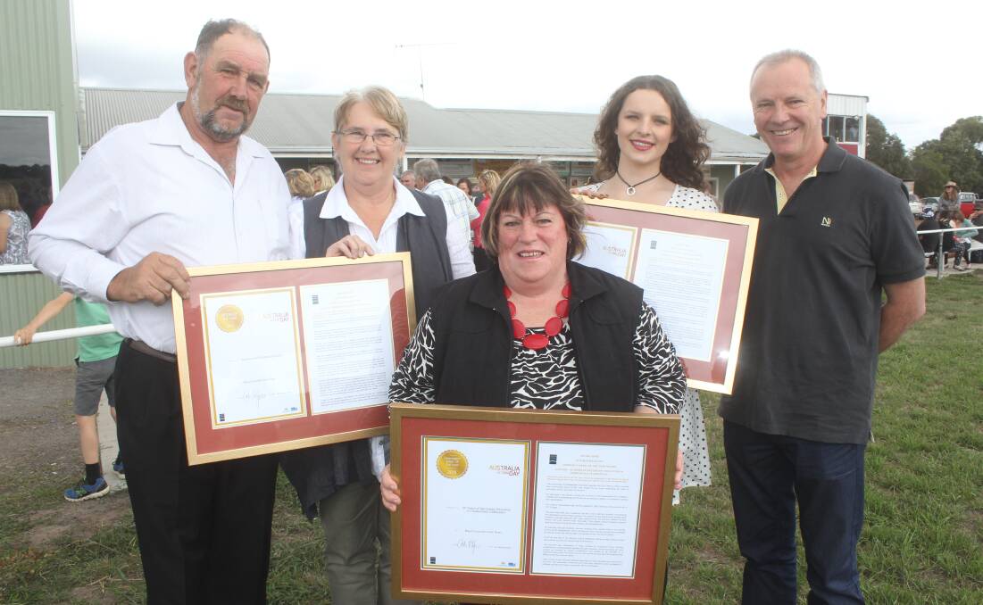 Moyne Shire’s Australia Day award winners Andrew and Christine Duyvestyn (left), Anne-Maree Huglin, Charmarelle McCarroll and Colan Distel at the Macarthur celebrations. 150126AB09
