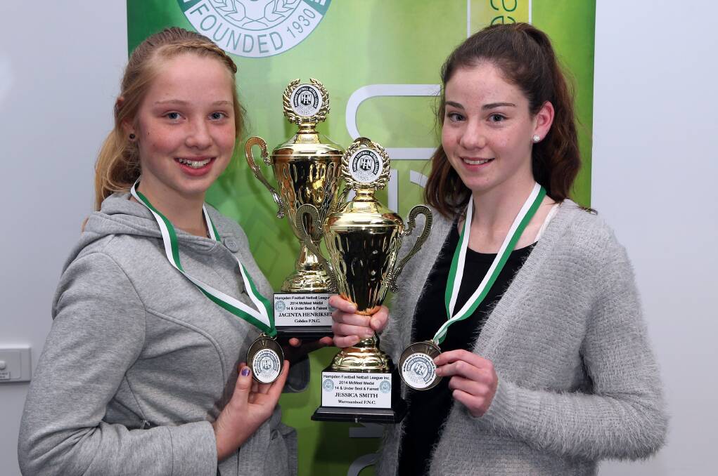 14 and under netballers Jacinta Henriksen (left), 14, from Cobden Football Netball Club and the Blues’ Jessica Smith, 13, shared the award.140819DW31 Picture: DAMIAN WHITE